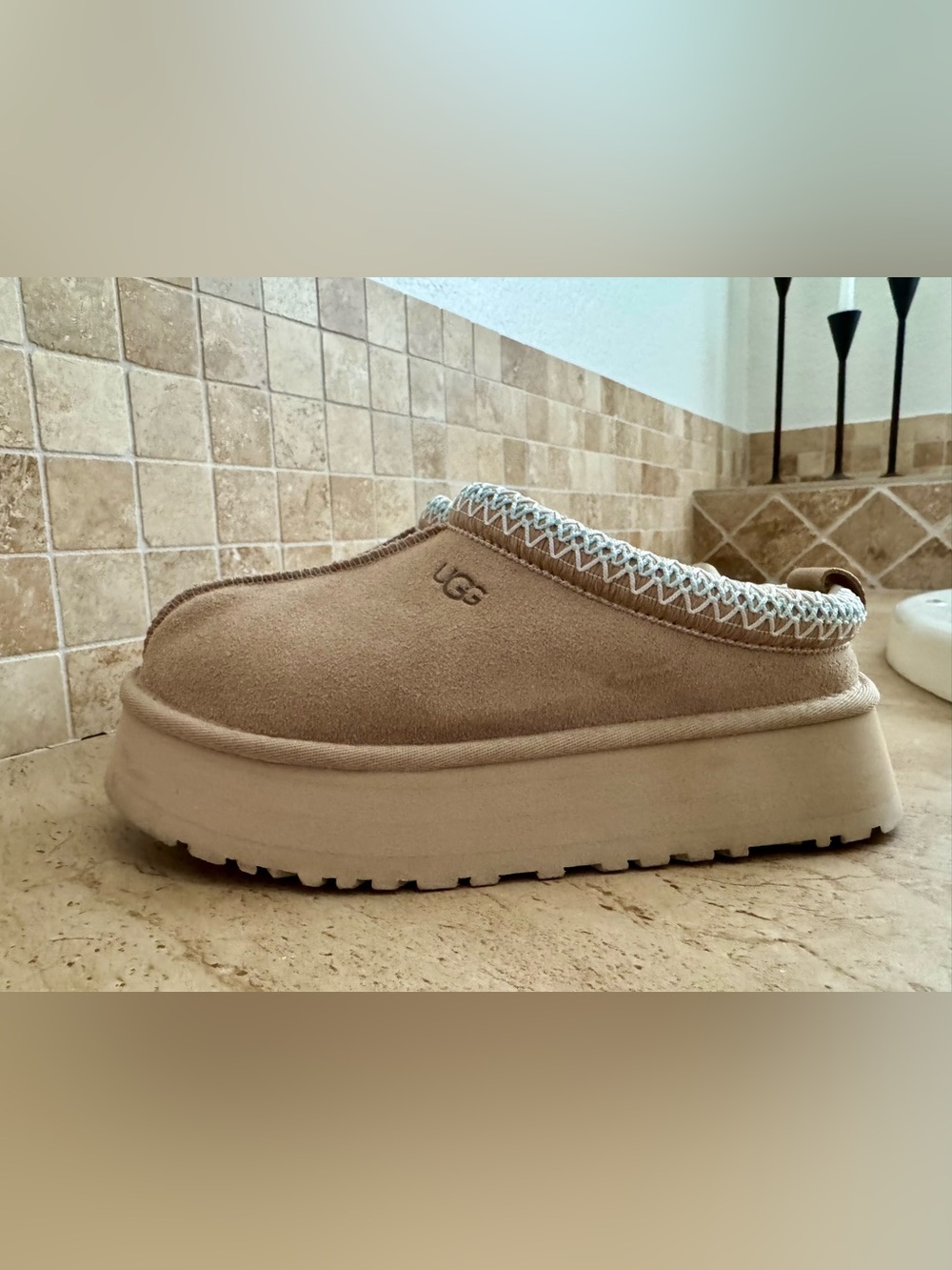 UGG Tazz II Women's Suede Platform Mule in Tan with Ivory Trim